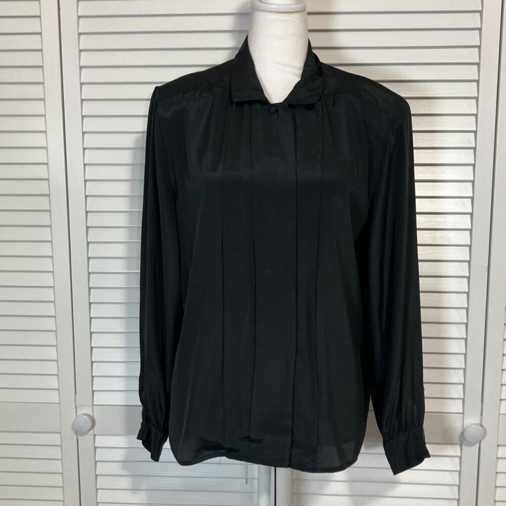 Liquid Silk Peters & Ashley Vintage Black Collard Long Sleeve Women Blouse 8